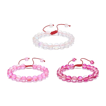 3Pcs 3 Color Synthetic Moonstone Braided Bead Bracelets, Gemstone Stackable Bracelets for Women, Mixed Color, Inner Diameter: 1-7/8~3-1/4 inch(4.85~8.1cm), 1Pc/color