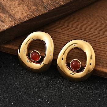 304 Stainless Steel Stud Earrings, with Natural Carnelian, Real 18K Gold Plated, 29.5x28mm