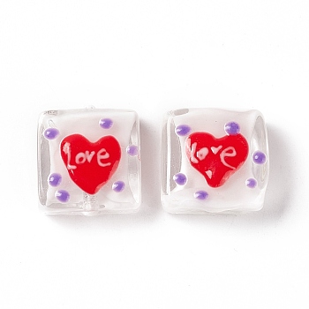 Handmade Lampwork Beads, Square with Heart & Word Love Pattern, Clear, 16x15x6mm, Hole: 1.8mm