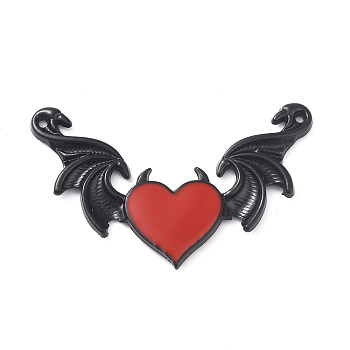 Alloy Emanel Big Pendants, Heart with Wing Charm, Electrophoresis Black, Red, 34x54x3mm, Hole: 1.5mm