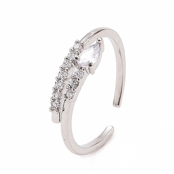 Clear Cubic Zirconia Teardrop Open Cuff Ring, Brass Jewelry for Women, Platinum, Inner Diameter: 17mm