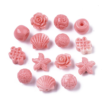 Synthetic Coral Beads, Mixed Shapes, Hot Pink, 9~23.5x10.5~19x9~17mm, Hole: 1.4mm