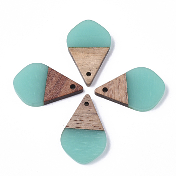 Resin & Walnut Wood Pendants, Teardrop, Medium Turquoise, 28x18x3mm, Hole: 2mm