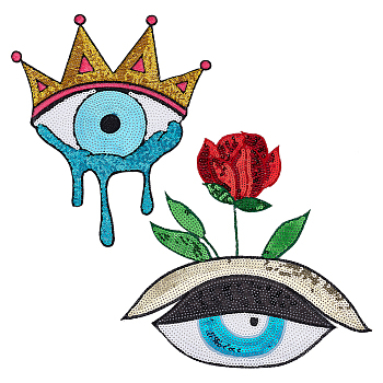 2Pcs 2 Style Iron on/Sew on Sequin Cloth Patches, Costume Accessories, Glittered Appliques, Eye with Rose & Evil Eye, Mixed Color, 270~275x235~275x1mm, 1pc/style