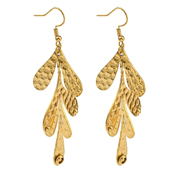 Ion Plating(IP) 304 Stainless Steel Earrings for Women, Leaf, Real 18K Gold Plated, 83x26.5mm