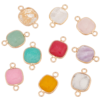 10Pcs 10 Styles Mixed Gemstones Connector Charms, Square Links, with Golden Plated Brass Findings, 21x13x5~5.5mm, Hole: 2.5mm, 1pc/style