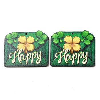 Saint Patrick's Day Single Face Printed Wood Pendants, Envelope Charms with Clover, Green, 41x49x2.5mm, Hole: 2mm