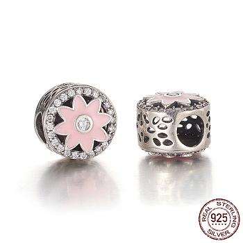 Hollow Antique Silver Plated 925 Sterling Silver European Beads, Large Hole Beads, with Cubic Zirconia and Enamel, with 925 Stamp, Flat Round with Flower, Pink, 11x9mm, Hole: 4.5mm