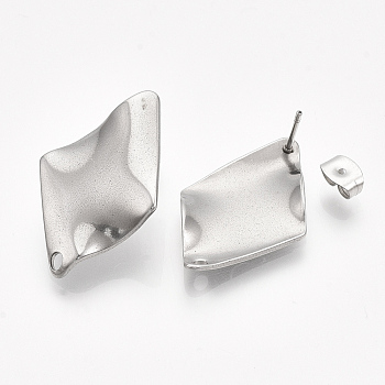 304 Stainless Steel Stud Earring Findings, with Ear Nuts/Earring Backs, Rhombus, Stainless Steel Color, 28x18mm, Hole: 1.8mm, Side Length: 16.5mm, Pin: 0.7mm