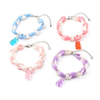 Resin Bear Charm Bracelets, with Acrylic Cable Chains and Alloy Lobster Claw Clasps, Platinum, Mixed Color, Inner Diameter: 2 inch(5cm)