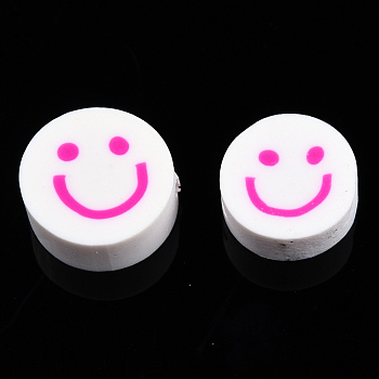 Handmade Polymer Clay Beads, Flat Round with Smiling Face, Magenta, 9~10x4mm, Hole: 1.2~1.6mm