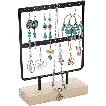 1 Set 2-Tier Rectangle Iron Jewelry Dangle Earring Organizer Holder with Wooden Base, for Earring Storage, Black, Finished Product: 15.2x6x21cm