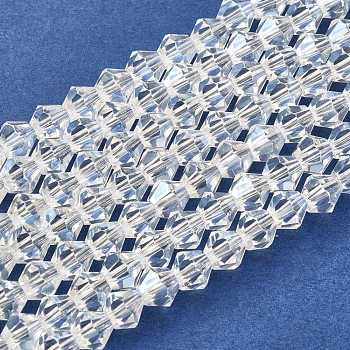 Glass Beads Strands, Pearl Luster Plated, Faceted, Bicone, Clear, about 6mm in diameter, hole: 1mm, 46pcs/strand, 10.63 inch