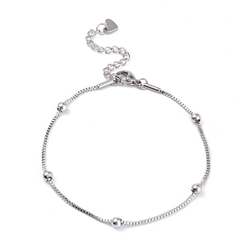 304 Stainless Steel Box Chain Bracelets, with Round Beads, Stainless Steel Color, 8 inch(20.4cm)