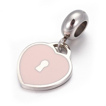 304 Stainless Steel European Dangle Charms, with Enamel, Large Hole Pendants, Heart Lock, Stainless Steel Color, Pink, 24.5mm, Hole: 4.5mm, Pendant: 15x13.5x1.3mm