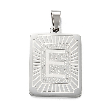 304 Stainless Steel Pendants, Rectangle with Alphabet, Letter.E, 30x20x1.5mm, Hole: 3x6mm