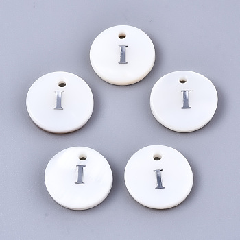 Natural Freshwater Shell Pendants, with Platinum Plated Iron Etched Metal Embellishments, Flat Round with Initial Letter, White, Letter.I, 11x2mm, Hole: 1.5mm