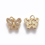 Brass Micro Pave Cubic Zirconia Charms, Butterfly, Clear, Golden, 10x12.5x2mm, Hole: 3mm(ZIRC-E161-03G)
