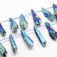 Electroplated Natural Quartz Crystal Beads Strands, Top Drilled Beads, Dyed, Teardrop, Blue, 27~34x8~12x5~9mm, Hole: 1.5mm, about 22pcs/strand, 14.3 inch(G-G890-B-05)