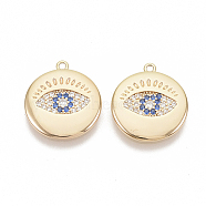 Brass Micro Pave Cubic Zirconia Pendants, Nickel Free, Flat Round with Eye, Royal Blue & Clear, Real 18K Gold Plated, 17x15.5x1.5mm, Hole: 1.2mm(X-KK-T050-17G-NF)