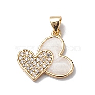 Brass Micro Pave Cubic Zirconia Pendants, with Enamel, Cadmium Free & Lead Free, Real 18K Gold Plated, Long-Lasting Plated, Double Heart Charm, Clear, 19.5x18.5x2mm, Hole: 5x3mm(KK-E003-10G)