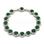 Rack Plating Brass Pave Cubic Zirconia Flat Round Links Bracelets for Women, Platinum, Green, 7-7/8 inch(20.1cm)(BJEW-H604-02P-01)