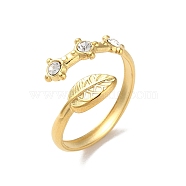 304 Stainless Steel Rhinestone Cuff Rings, Leaf, Real 18K Gold Plated, Adjustable(RJEW-M171-25G)