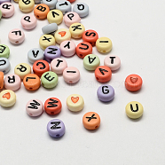 Colorful Acrylic Horizontal Hole Letter Beads, Flat Round with Letter, Mixed Color, 7x4mm, Hole: 1.3mm(X-SACR-Q104-M02)