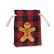 Christmas Theme Rectangle Jute Bags with Jute Cord, Tartan Drawstring Pouches, for Gift Wrapping, Red, Gingerbread Man, 13.8~14x9.7~10.3x0.07~0.4cm(ABAG-E006-01E)