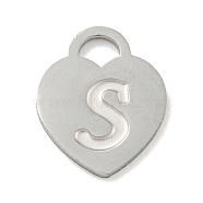 304 Stainless Steel Pendants, Laser Cut, Heart with Letter Charm, Stainless Steel Color, Letter S, 15x12x1mm, Hole: 3x3.5mm(FIND-M017-01P-S)