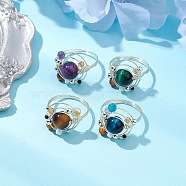 Planet Natural Amethyst & Tiger Eye & Citrine & Apatite & Green Aventurine Finger Rings, Brass Rings for Woman, Inner Diameter: 18mm, 4pcs/set(RJEW-TA00165)