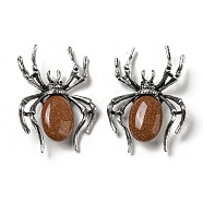 Dual-use Items Alloy Pave Jet Rhinestone Spider Brooch, with Synthetic Goldstone, Antique Silver, 57.5x41.5x12mm, Hole: 4.5x4mm(JEWB-C026-07A-AS)