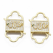 Brass Micro Pave Cubic Zirconia Clasps, Nickel Free, Rectangle with Snake, Real 16K Gold Plated, 33.5x21.5x5mm(ZIRC-R110-009-NF)