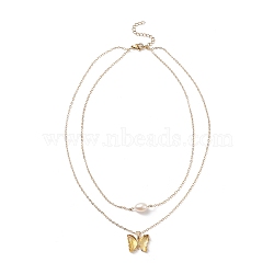Glass Butterfly & Natural Pearl Pendants Double Layer Necklace with Clear Cubic Zirconia, Golden Brass Jewelry for Women, Pale Goldenrod, 16.34 inch(41.5cm)(NJEW-TA00043-04)