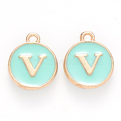 Golden Plated Alloy Enamel Charms, Cadmium Free & Lead Free, Enamelled Sequins, Flat Round with Letter, Turquoise, Letter.V, 14x12x2mm, Hole: 1.5mm(ENAM-S118-05V)