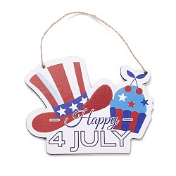 Independence Day Density Board Wooden Wall Ornament Doorplate Pendants, Word Happy 4 JULY with Jute Twine, for Home Garden Hanging Decoration, Red, 128x164x4mm, Hole: 4mm(HJEW-C004-11)