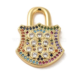 Brass Micro Pave Cubic Zirconia Glass
 Pendants, Real 18K Gold Plated, Lock, Colorful, 23x17.5x2.3mm, Hole: 5.5x4mm(KK-R162-029C-G)