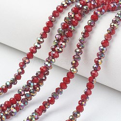 Electroplate Opaque Glass Beads Strands, Half Rose Gold Plated, Faceted, Rondelle, Dark Red, 8x6mm, Hole: 1mm, about 65~68pcs/strand, 15.7~16.1 inch(40~41cm)(EGLA-A034-P8mm-R06)