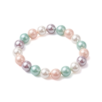 8mm Round Polished Shell Pearl Beaded Stretch Kids Bracelets for Girls, Colorful, Inner Diameter: 2 inch(5cm)