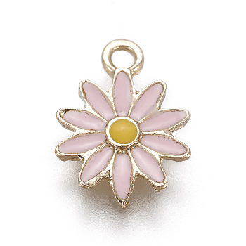 Alloy Enamel Charms, Chrysanthemum, Light Gold, Pearl Pink, 13x9x1mm, Hole: 1.4mm