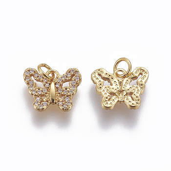 Brass Micro Pave Cubic Zirconia Charms, Butterfly, Clear, Golden, 10x12.5x2mm, Hole: 3mm