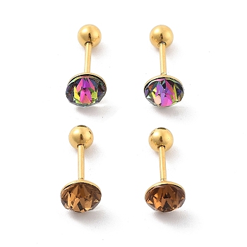2 Pairs 2 Colors Real 14K Gold Plated 304 Stainless Steel Rhinestone Stud Earrings, Flat Round, Mixed Color, 6mm, 1 Pair/color