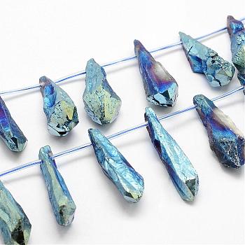 Electroplated Natural Quartz Crystal Beads Strands, Top Drilled Beads, Dyed, Teardrop, Blue, 27~34x8~12x5~9mm, Hole: 1.5mm, about 22pcs/strand, 14.3 inch