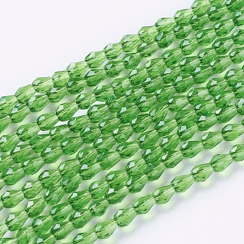 Faceted Glass Beads Strands, teardrop, Lime Green, 5x3mm, Hole: 0.5mm, about 85~95pcs/strand, 16.5~18.7 inch(42~47.5cm)