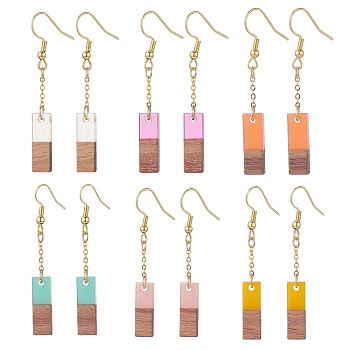 6 Pair 6 Color Resin & Walnut Wood Rectangle Dangle Earrings, Golden 304 Stainless Steel Jewelry for Women, Mixed Color, 52~53mm, Pin: 0.6mm, 1 Pair/color