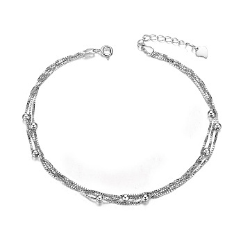 SHEGRACE Rhodium Plated 925 Sterling Silver Layered Anklets, Small Beads, Platinum, 210mm