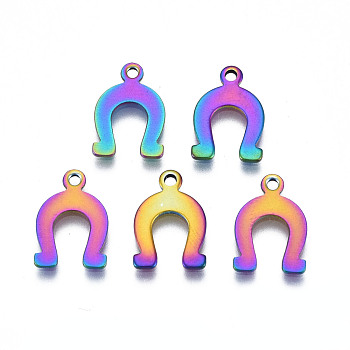 Ion Plating(IP) 201 Stainless Steel Charms, Cadmium Free & Nickel Free & Lead Free, Mark, Rainbow Color, 14x9x1mm, Hole: 1.4mm