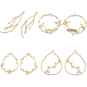 BENECREAT 16Pcs 4 Style Brass Pendants,with Loops, Botany, Real 18K Gold Plated, 43x13x2mm, Hole: 1mm