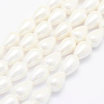 Shell Pearl Beads Strands, teardrop, Creamy White, 12x8mm, Hole: 1mm, about 30pcs/strand, 15.7 inch(40cm).