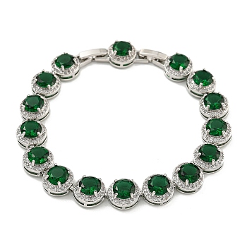 Rack Plating Brass Pave Cubic Zirconia Flat Round Links Bracelets for Women, Platinum, Green, 7-7/8 inch(20.1cm)